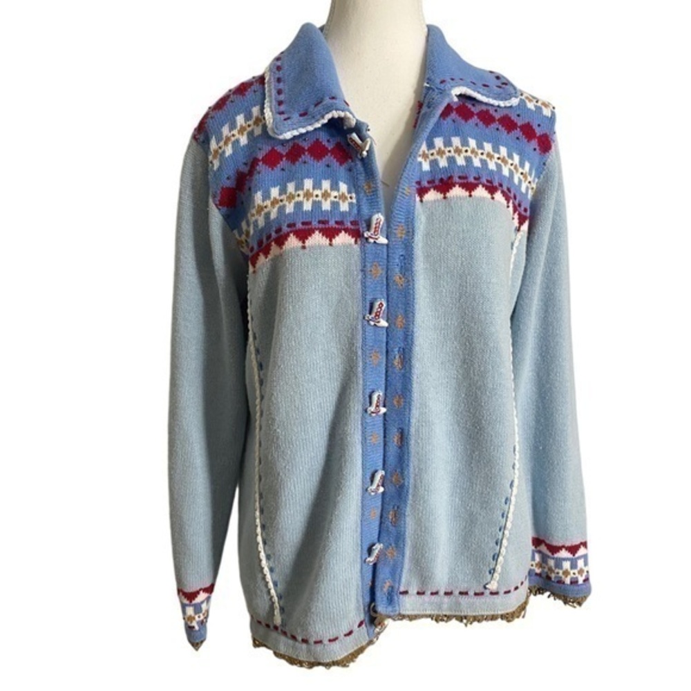 Storybook Knits Sweater "Romantic West" Cardigan with Boot Buttons and Fringe